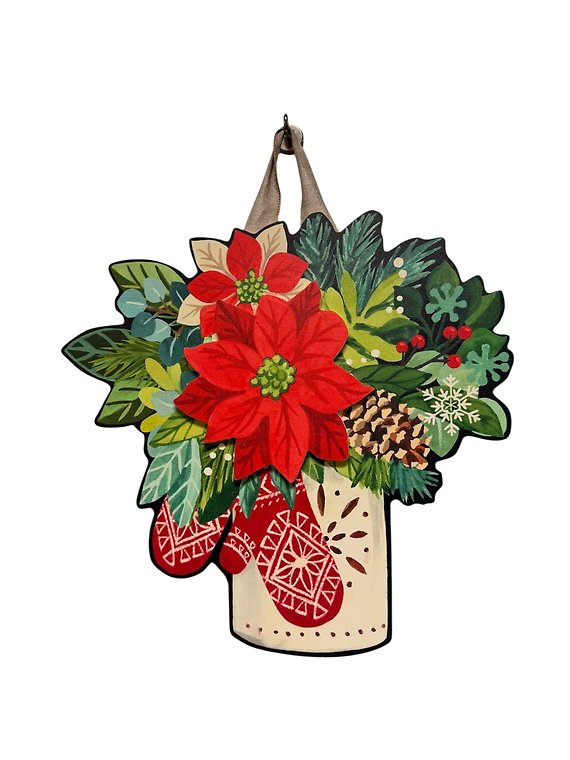 Poinsettia and Mittens Slim Door Hanger
