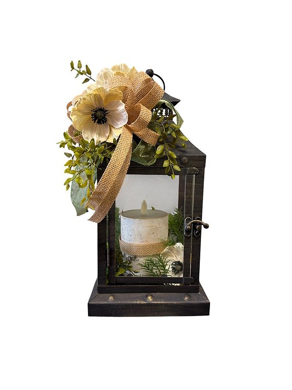 Dark Metal Lantern with Candle and Flowers