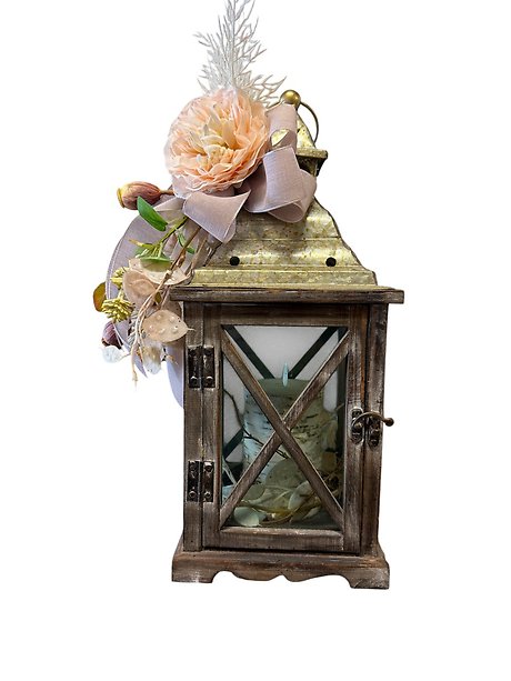 Wood and Metal Lantern with Candle and Permanent Botanicals