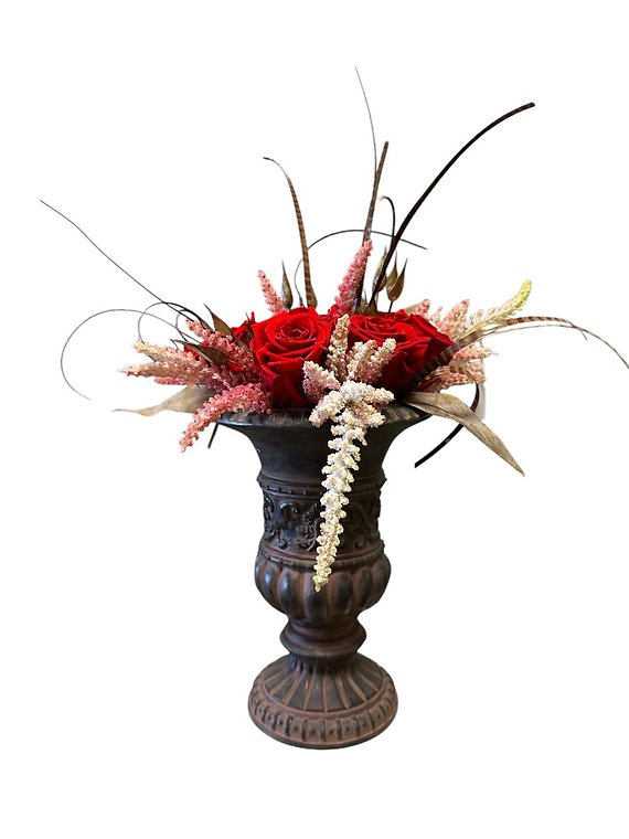 Antiqued Urn with Preserved Roses