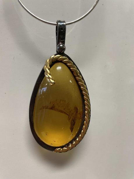 Real Amber and Silver Enlongated Teardrop Necklace