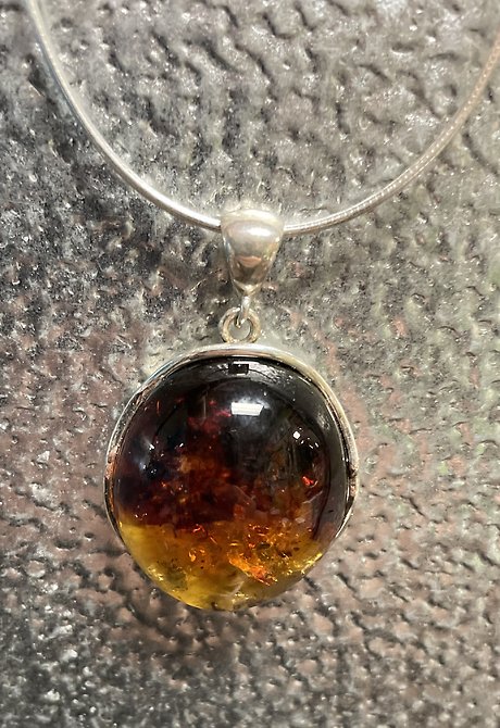 Real Amber and Silver Oval Filigree Pendant