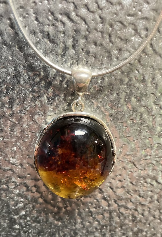 Real Amber and Silver Oval Filigree Pendant