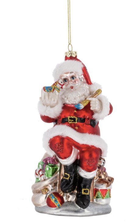 Santa With Rocking Horse Glass Ornament