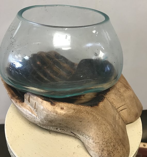 Large Wooden Hand and Glass Bowl